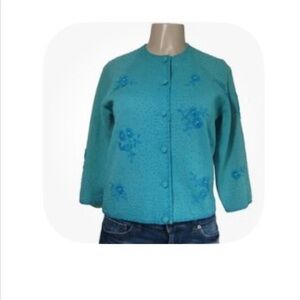 Vintage 60s Teal beaded embroidered Floral Button-Up Cardigan